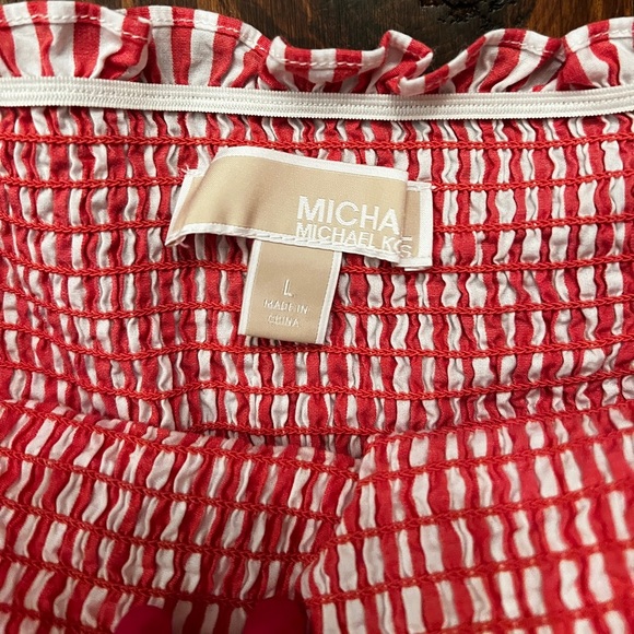 MICHAEL MICHAEL KORS Red & White Striped Off Shoulder Smocked Dress Bell Sleeve - Picture 6 of 7
